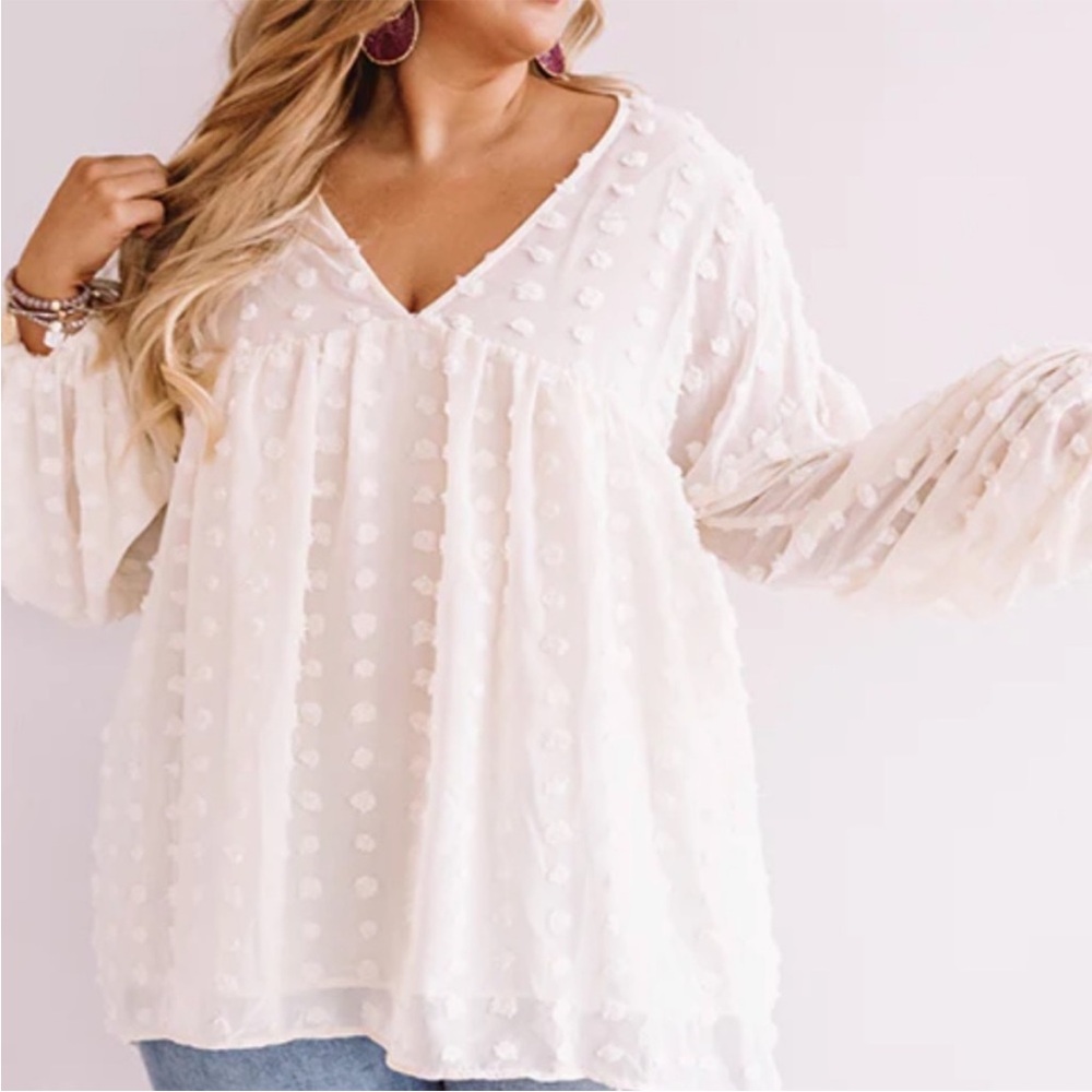 Women's Ivory Textured Swiss Dot V-Neck Blouse